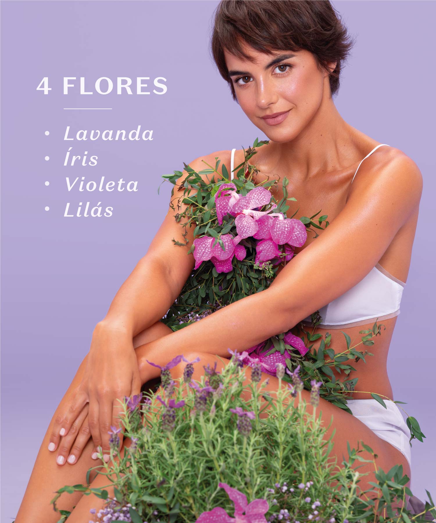 As FloresA delicadeza de um buquê floral com uma combinação exclusiva de quatro flores lilases: Lavanda, Íris, Violeta e  Lilás.