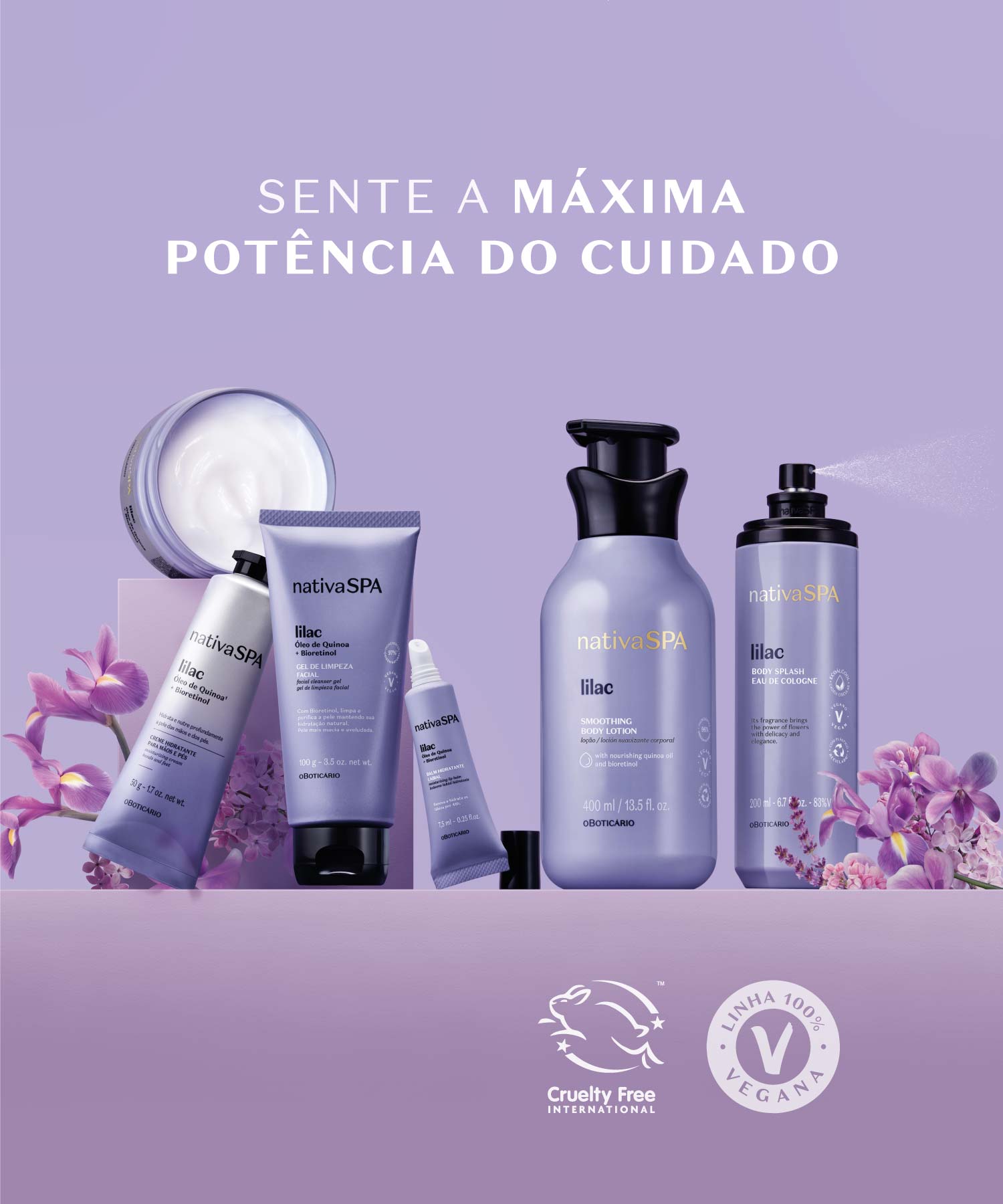 O RitualSente a máxima potência do cuidado Lilac com a linha completa: pele imediatamente macia e perfumada com um floral delicado e inesquecível.