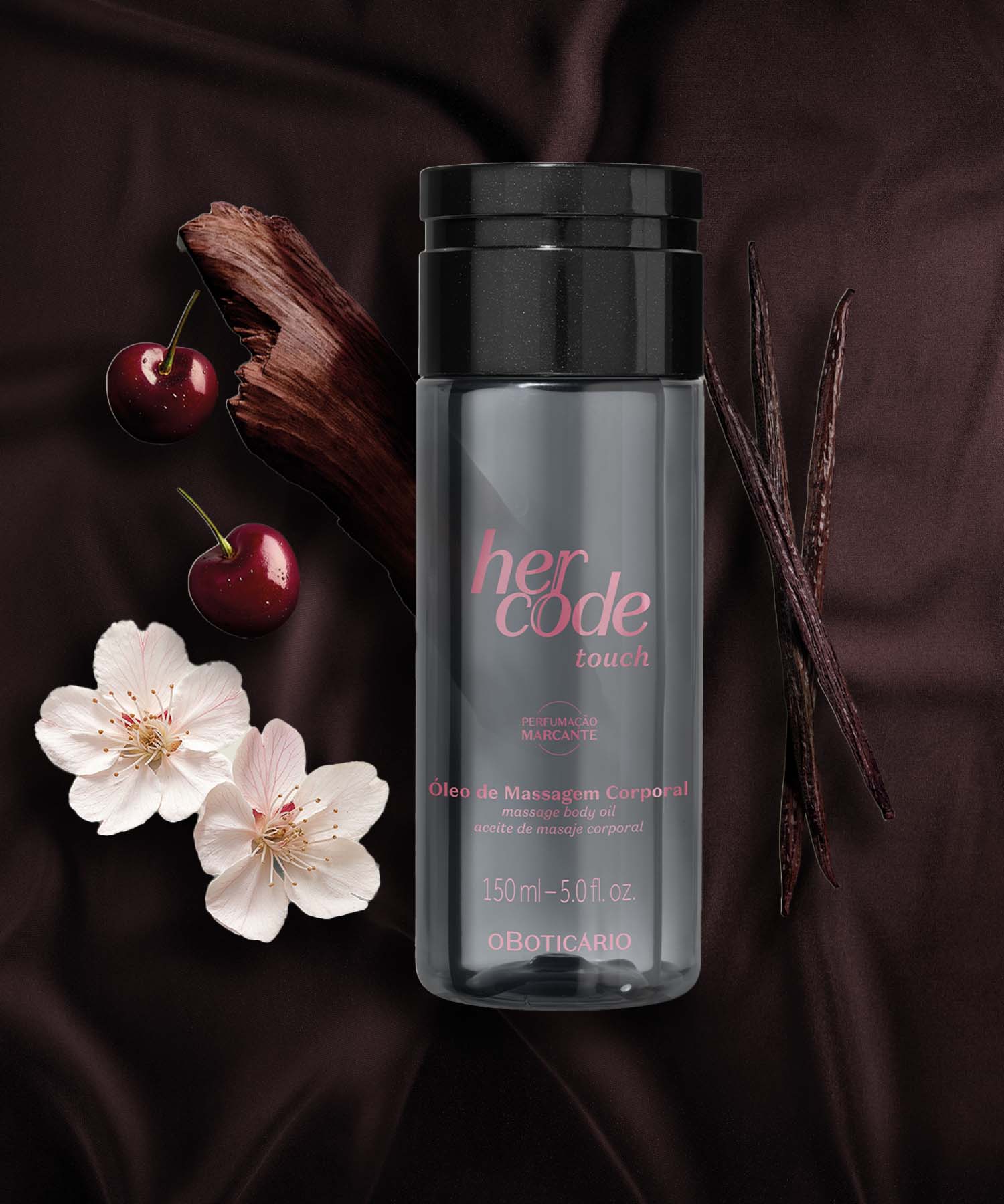 Óleo de Massagem Corporal Her Code Touch Este óleo de massagem é um convite para explorares o poder do toque, apresentando uma fórmula inovadora que aquece suavemente durante a aplicação. Deixa a pele profundamente hidratada e com um aroma marcante, quente e sensual. É o produto ideal para momentos de conexão.