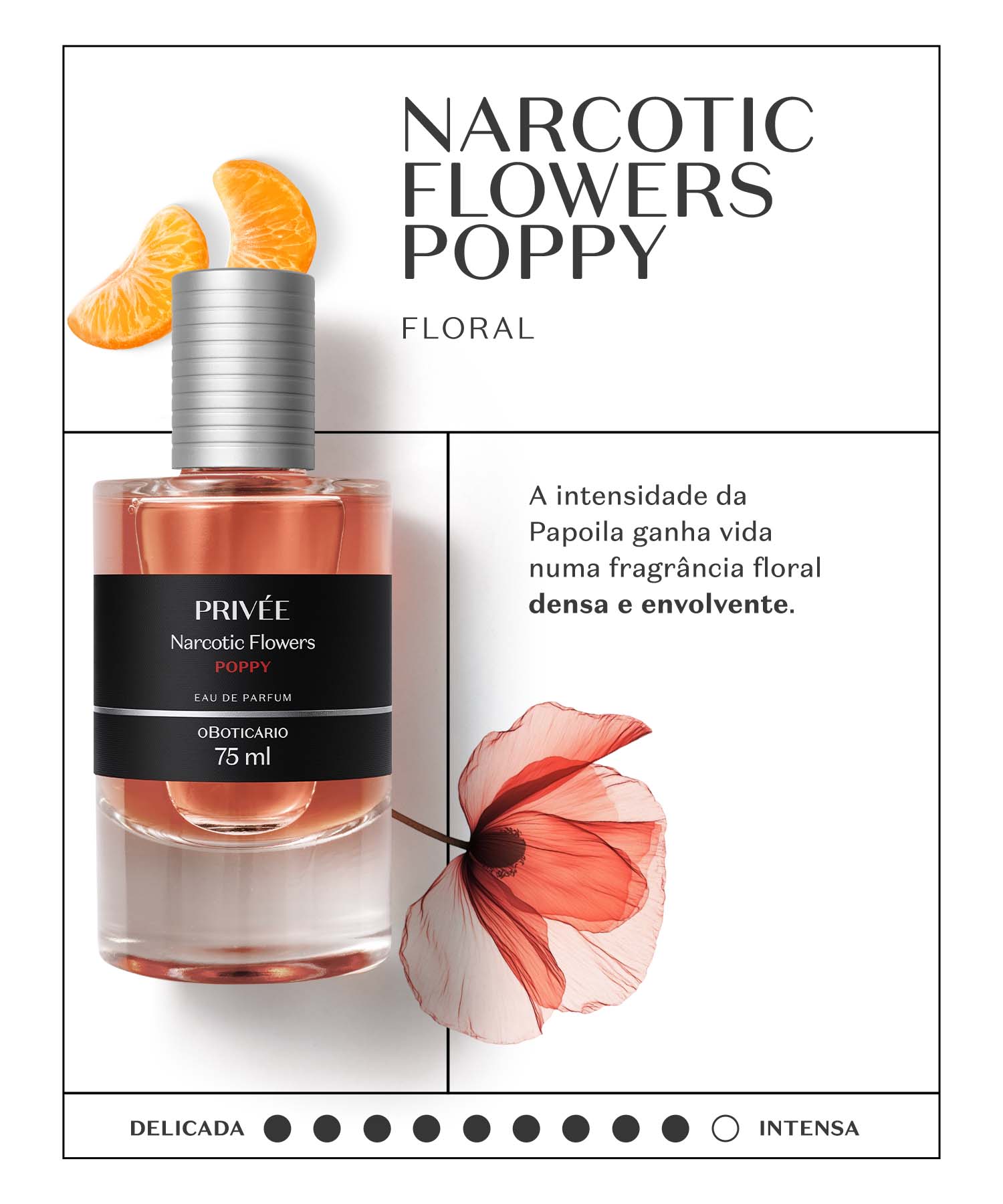Narcotic Flowers - PoppyCom notas de Bergamota, Flores Brancas e um fundo quente de Baunilha e Âmbar, alia a alta perfumaria ao exclusivo acorde Euphoric Delight. 
