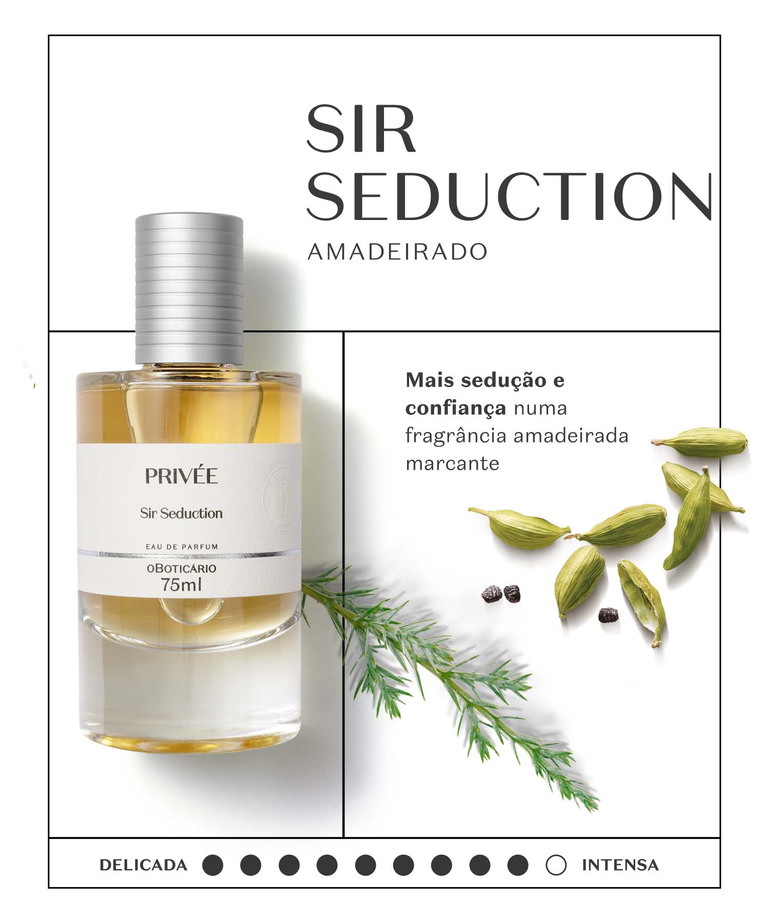 Sir SeductionUm amadeirado encorpado e sofisticado que deixa uma assinatura elegante e inconfundível. Abertura séria e levemente amarga que se funde com um mix fresco de especiarias picantes que vai ganhando forma e força até ficar terrosa, amadeirada e puramente aromática. 