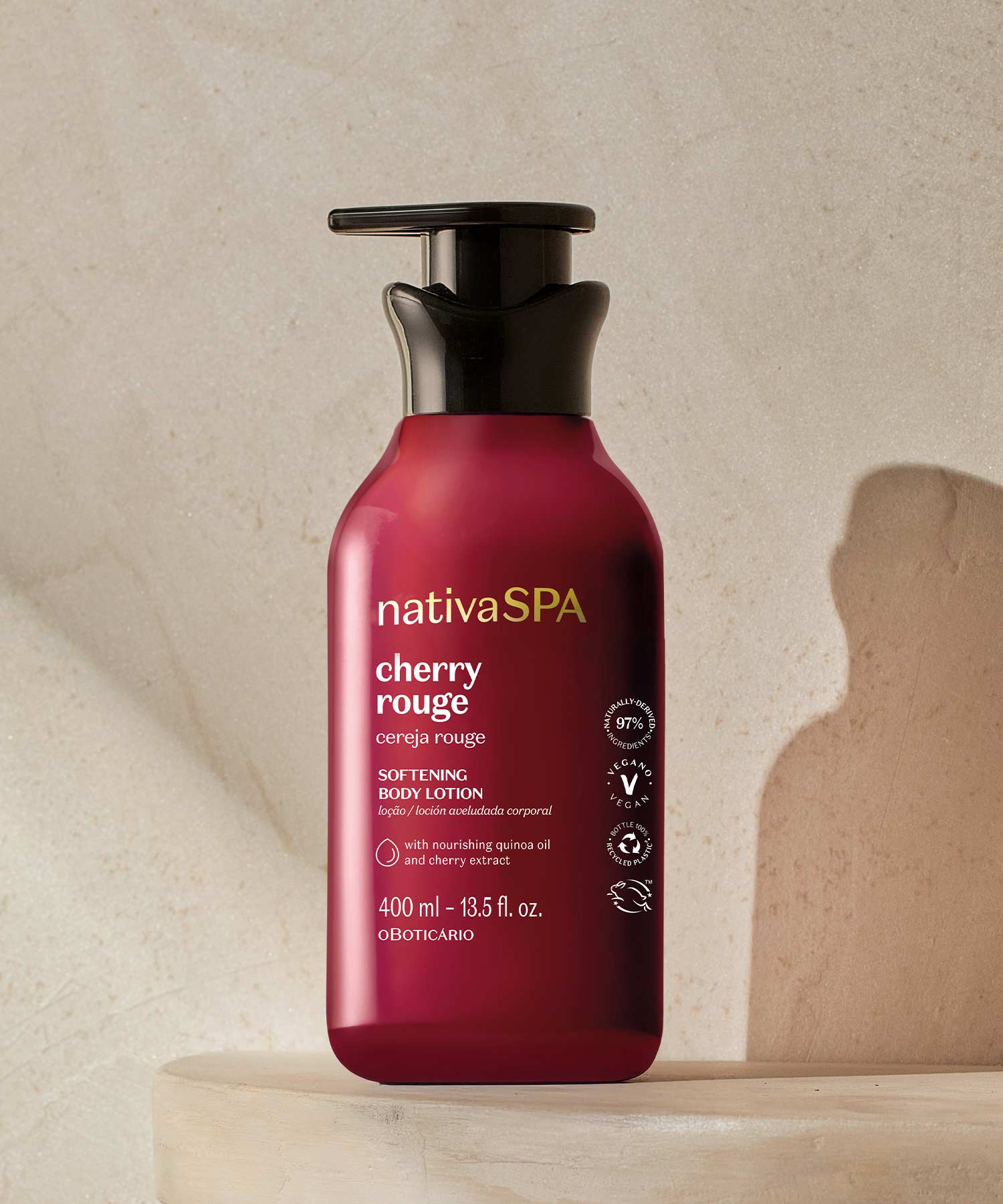 Cereja RougeConsegue um “efeito pele de cereja” com a nova linha Nativa Spa Cereja Rouge. Resultado da união do exclusivo e nutritivo óleo 100% puro de quinoa com o extrato de cereja, atuando sobre a textura e firmeza da pele. Sente a explosão de uma fragrância licorosa e suculenta com excelente fixação, durabilidade e projeção! 