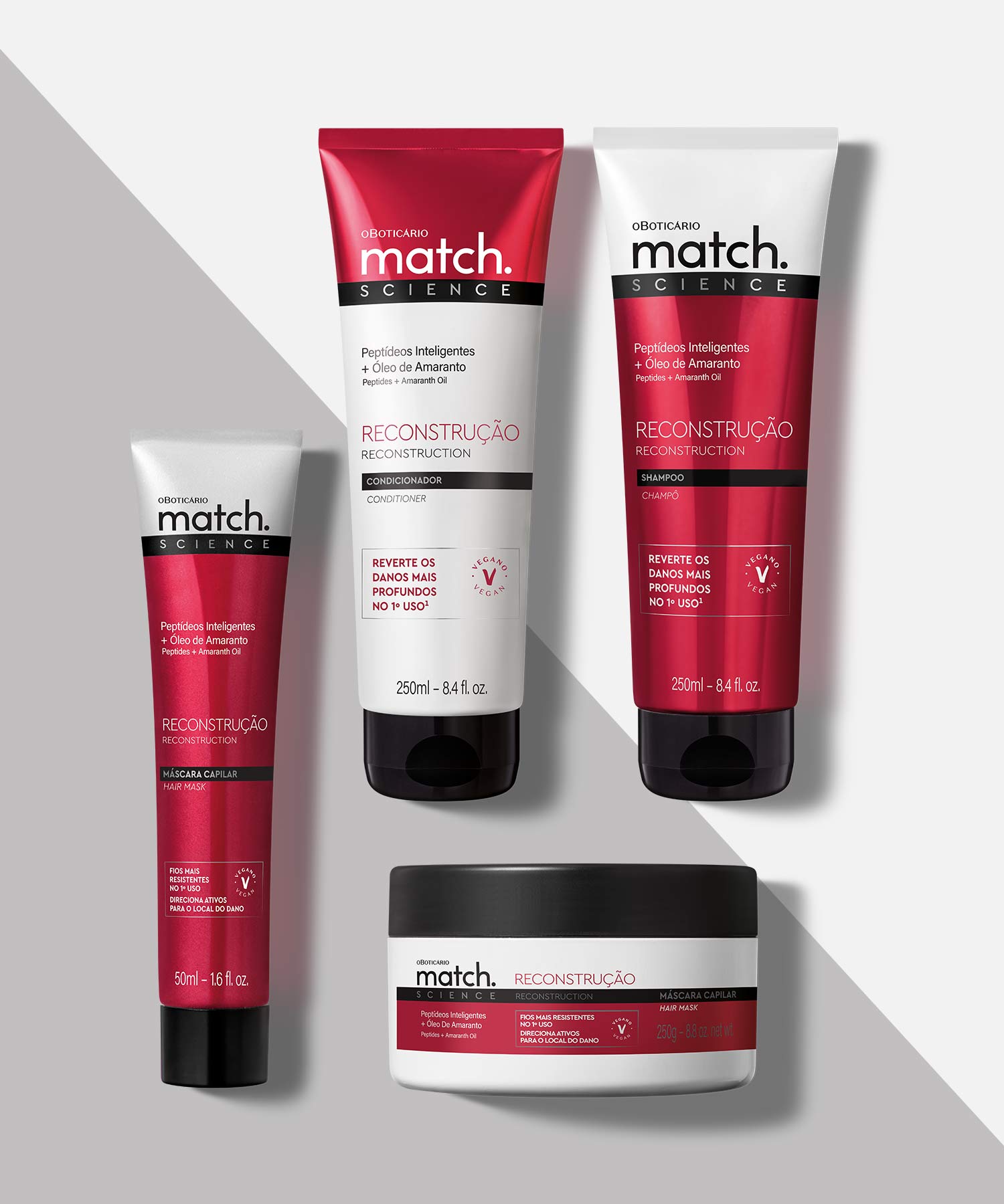 Match Science Reconstrução. Cabelo danificado pela utilização constante de ferramentas de calor? Já não! A inovadora gama Science Reconstrução recupera o teu cabelo na 1ª utilização. A combinação inteligente de ativos de alta performance fortalece a fibra capilar e reduz a porosidade dos fios proporcionando um cabelo ultra hidratado e sedoso. 4x menos quebra e resultados comprovados cientificamente.