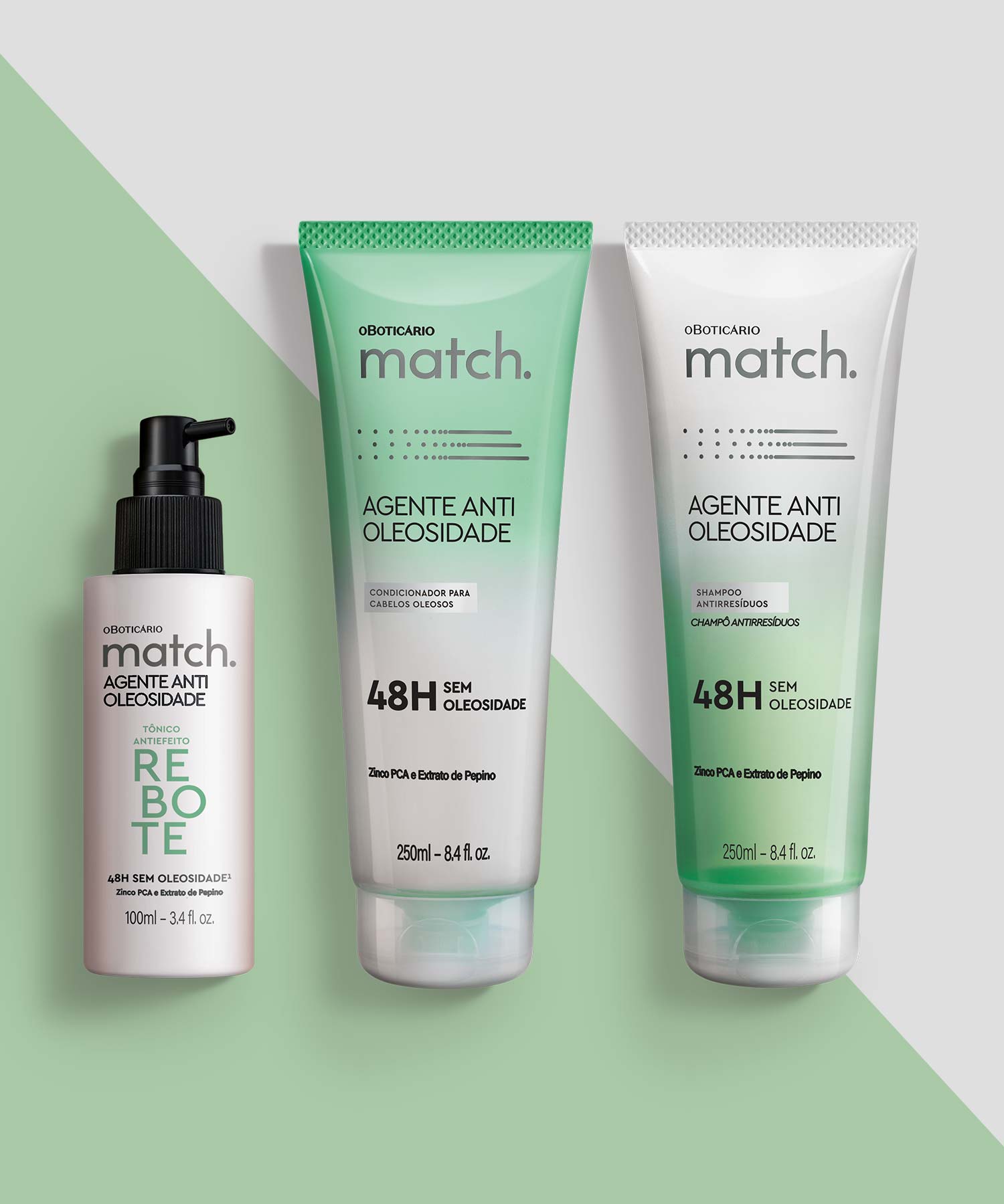 Cansada de lavar o cabelo todos os dias para te livrares da oleosidade? Match. Antioleosidade contém Zinco PCA e extrato de pepino, componentes que reequilibram imediatamente o cabelo, controlando a produção excessiva de sebo e hidratando na medida certa, para uma sensação de frescura durante 48h.