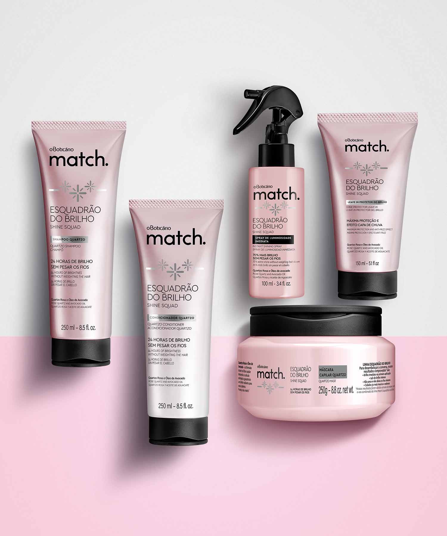 Match. Esquadrão do Brilho veio para deixar o cabelo com um brilho intenso durante 24horas, sem pesar. A sua fórmula com quartzo rosa e óleo de abacate sela as cutículas e nutre os fios. E quem é que não quer um cabelo sedoso e radiante, sem oleosidade? Adeus fios opacos e sem vida! 