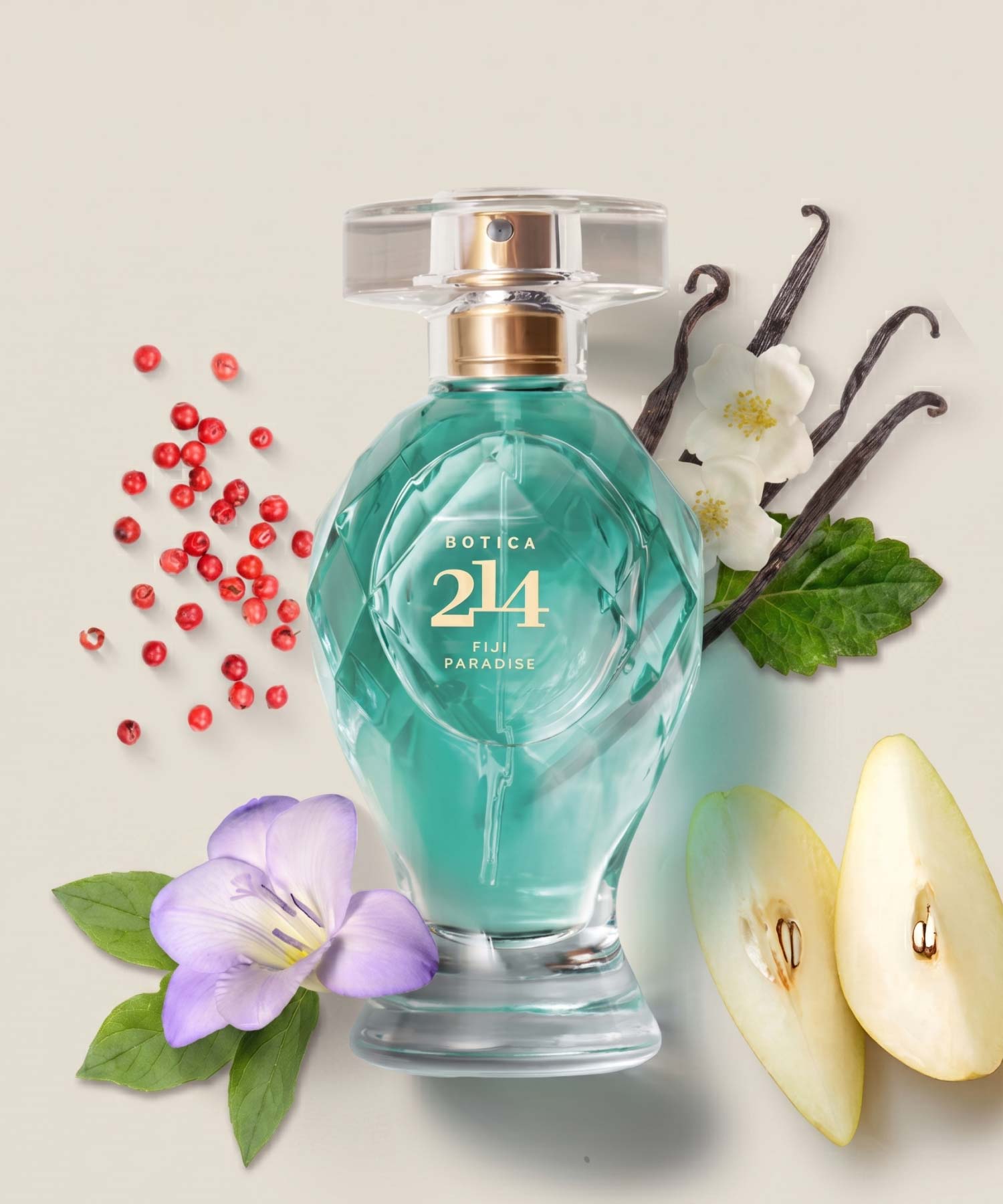 Botica 214 Fiji Paradise - Eau de Parfum FemininoUma fragrância feminina de saída brilhante e inusitada que une a frescura das águas à doçura da Pera, a delicadeza floral da Frésia e o toque picante e sofisticado da Pimenta Preta
